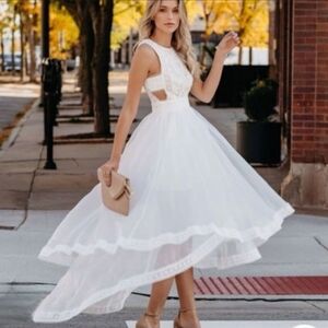 Nwt INA White Floral Lace Bodice Cut out High low Chiffon Tiered Maxidress